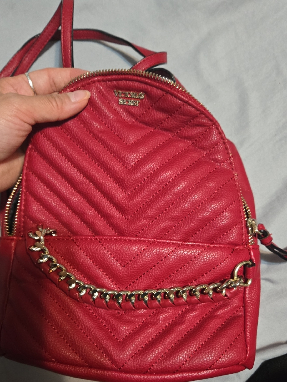 Victoria's Secret Red Quilted Leather Mini Backpack with Gold Chain